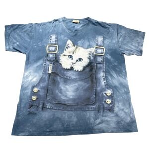 Vintage The Mountain Shirt Mens 2XL Blue Kitten Overalls Graphic Cat‎ Tee 2000s